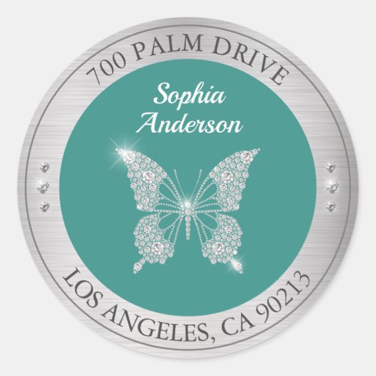 Diamantvlinder, zilveren metaal retouradres ronde sticker (Voorkant)