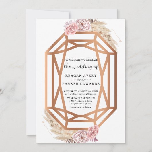 Diamantvorm Bloemen Gedroogde Pampas Grass Bruilof Kaart (Voorkant)