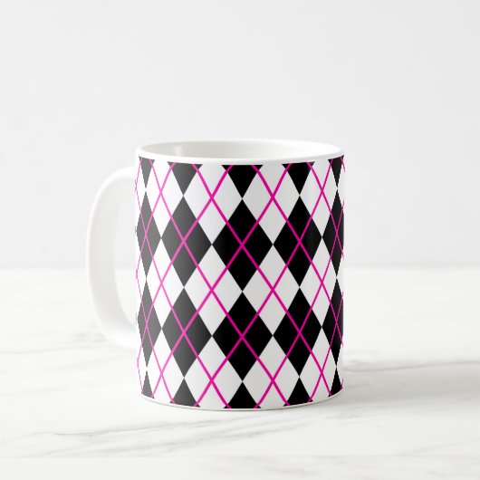 Diamantvormige Argyle Print Cup Mok Zwart Roze (Voorkant links)