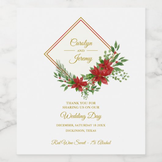 Diamod & Poinsettias Christmas Inspired Wedding Wijn Etiket (Enkel label)