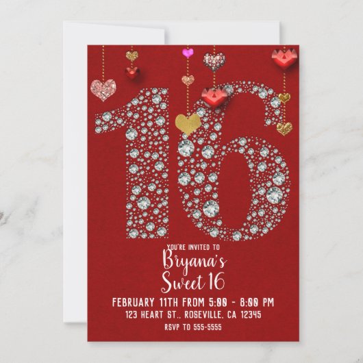 Diamond 16 Valentijns's Hearts Verjaardagsfeest Fo Kaart (Voorkant)