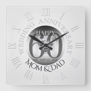 Diamond 60th Wedding Jubileum Clock Roman N Vierkante Klok