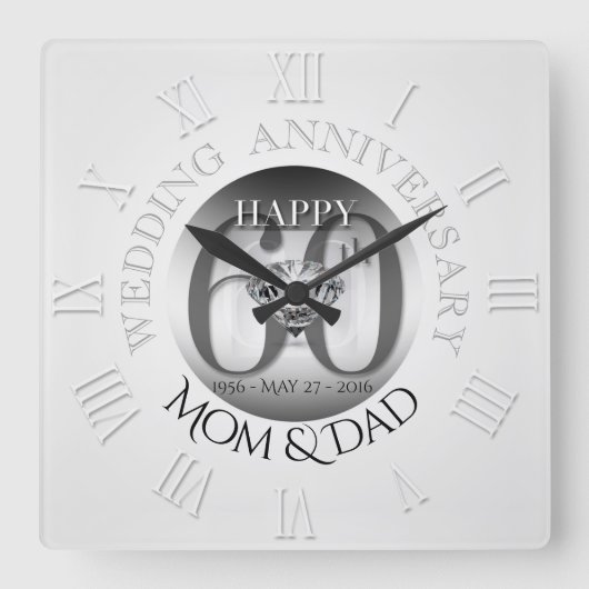 Diamond 60th Wedding Jubileum Clock Roman N Vierkante Klok (Voorkant)