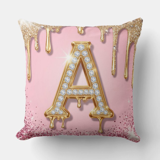 Diamond A Roze Glitter Gouden Frame Monogram Kussen (Voorkant)