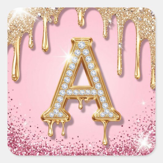 Diamond A Roze Glitter Gouden Frame Monogram Vierkante Sticker (Voorkant)
