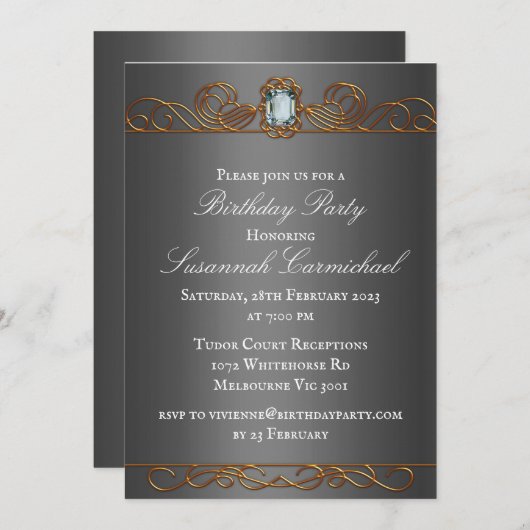 Diamond and Gold Dark Silver Birthday Kaart (Voorkant / Achterkant)