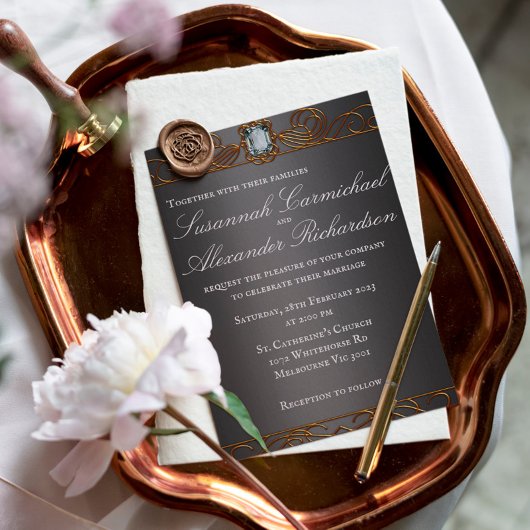 Diamond and Gold Dark Silver Wedding Kaart