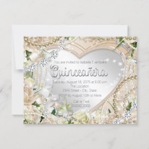 Diamond and Pearl White Rose Quinceanera Kaart