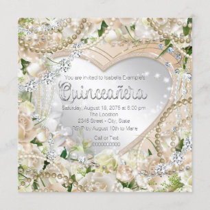 Diamond and Pearl White Rose Quinceanera Kaart