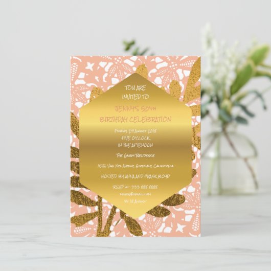 Diamond Birthday Peach Pastel Gold Leaf Lace Kaart (Staand voorkant)