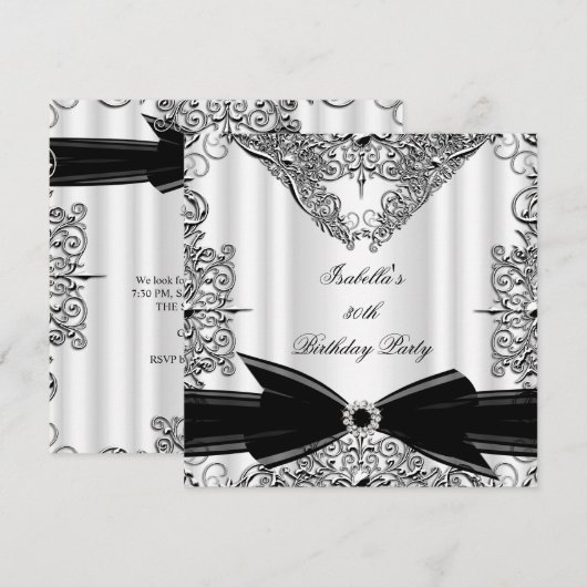 Diamond Black Bow Silver Birthday Party Kaart (Voorkant / Achterkant)