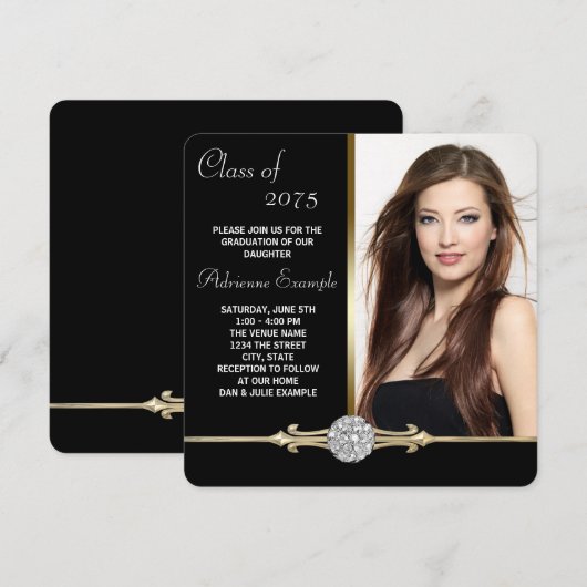 Diamond Black en Gold Glam Afstuderen Kaart (Voorkant / Achterkant)