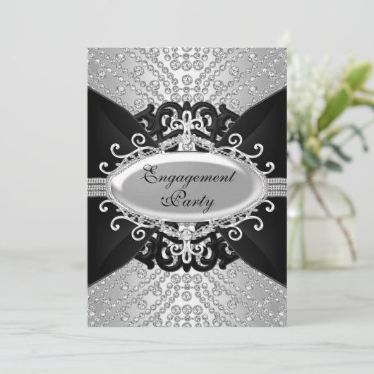 Diamond Black & Silver Engagement Party Kaart (Staand voorkant)