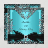 Diamond Blauwgroen Blue Bow Silver Birthday Party Kaart (Voorkant / Achterkant)