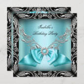 Diamond Blauwgroen Blue Bow Silver Black Birthday  Kaart (Voorkant / Achterkant)