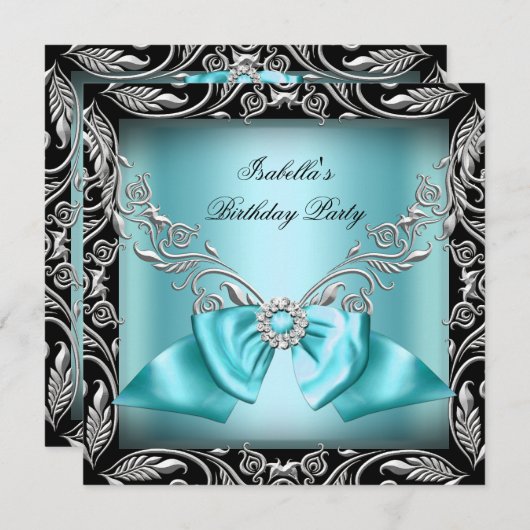 Diamond Blauwgroen Blue Bow Silver Black Birthday  Kaart (Voorkant / Achterkant)