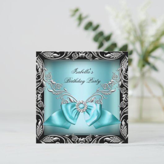 Diamond Blauwgroen Blue Bow Silver Black Birthday  Kaart (Staand voorkant)