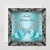 Diamond Blauwgroen Blue Bow Silver Black Birthday  Kaart (Voorkant)