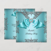 Diamond Blauwgroen Blue Bow Silver Elegant Birthda Kaart (Voorkant / Achterkant)