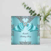 Diamond Blauwgroen Blue Bow Silver Elegant Birthda Kaart (Staand voorkant)