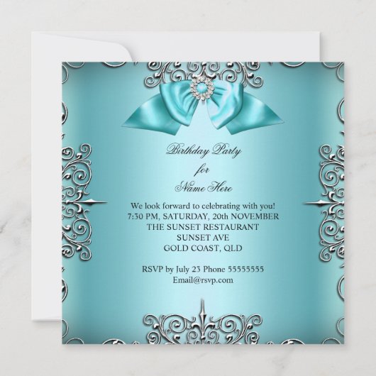 Diamond Blauwgroen Blue Bow Silver Elegant Birthda Kaart (Achterkant)