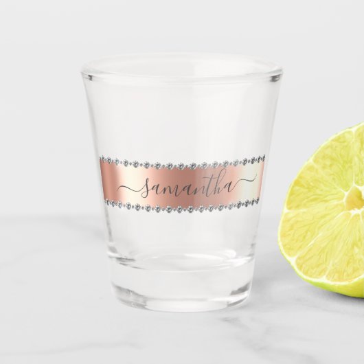 Diamond Bling Calligrafie Naam Roze Goud Shot Glas (Voorkant)