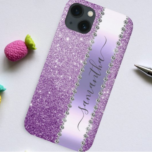 Diamond Bling Glitter Calligrafie Name Paars Case-Mate iPhone Case