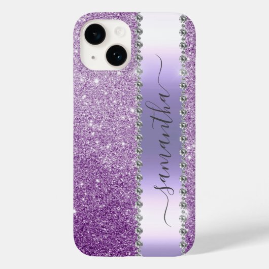 Diamond Bling Glitter Calligrafie Name Paars Case-Mate iPhone Case (Achterkant)