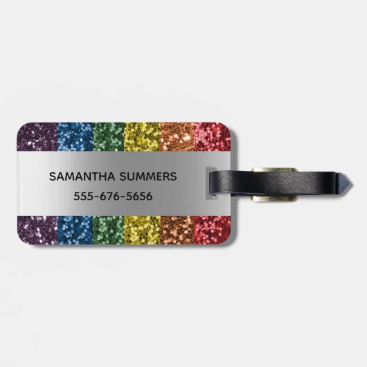Diamond Bling Glitter Calligrafie Name Rainbow Bagagelabel (Achterkant horizontaal)