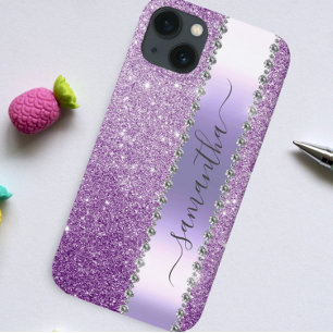 Diamond Bling Glitter Calligraphy Naam Paars iPhone 14 Hoesje