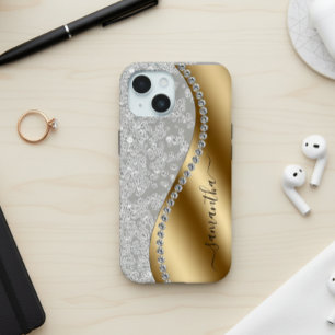 Diamond Bling Gold Metal Gepersonaliseerd script iPhone 15 Case
