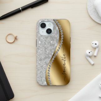 Diamond Bling Gold Metal Gepersonaliseerd script iPhone 15 Case