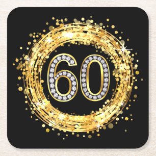 Diamond Bling Number 60 Glitter Confetti   goud Kartonnen Onderzetters