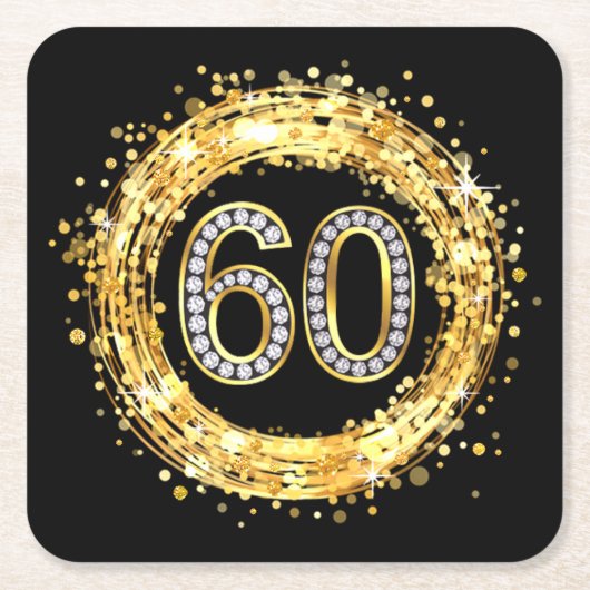 Diamond Bling Number 60 Glitter Confetti | goud Kartonnen Onderzetters (Voorkant)