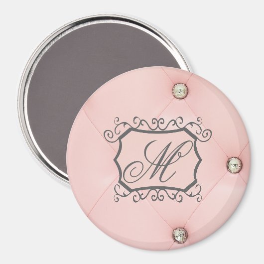 Diamond Bling Pink Tufted Monogram Initiaal Magnet (Voorkant / Achterkant)