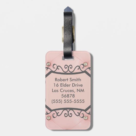 Diamond Bling Roze Getuft Monogram Bagagelabel (Achterkant verticaal)