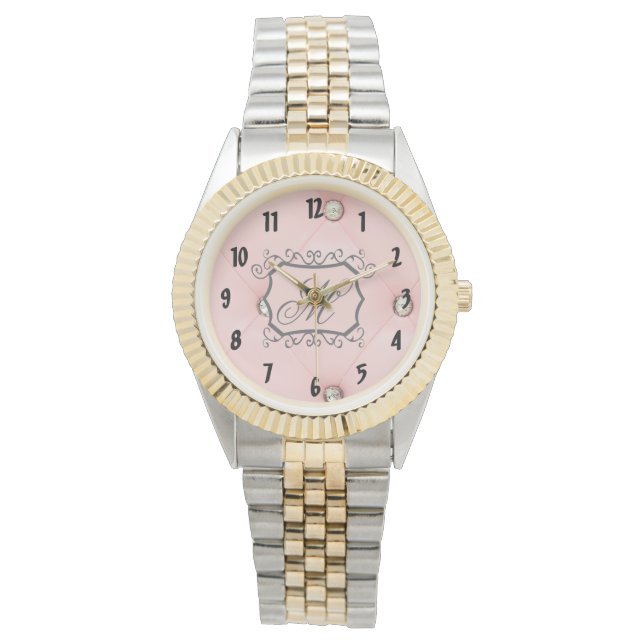 Diamond Bling Roze Getuft Monogram Polshorloge Horloge (Voorkant)