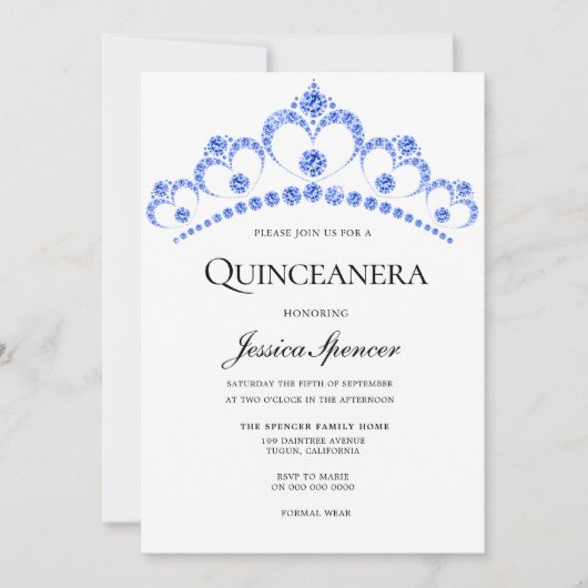 Diamond Blue Glitter Tiara Quinceanera Invite Kaart (Voorkant)