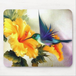 Diamond Blue Hummingbird and Flower Fine Art Muismat