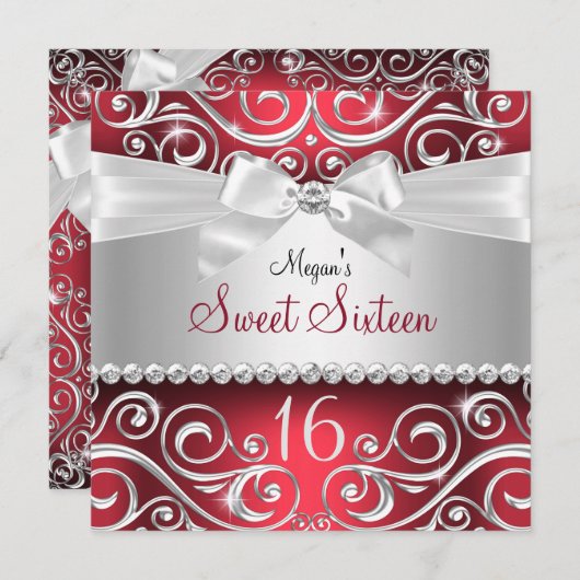 Diamond-boog & Sparkle Swirl Red Sweet 16 Kaart (Voorkant / Achterkant)