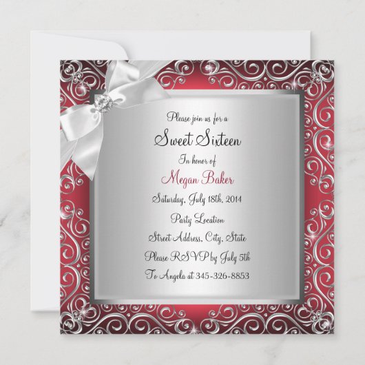 Diamond-boog & Sparkle Swirl Red Sweet 16 Kaart (Achterkant)