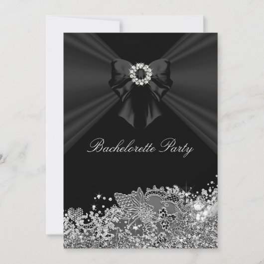 Diamond Bow Black Lace Bachelorette Party Invite Kaart (Voorkant)