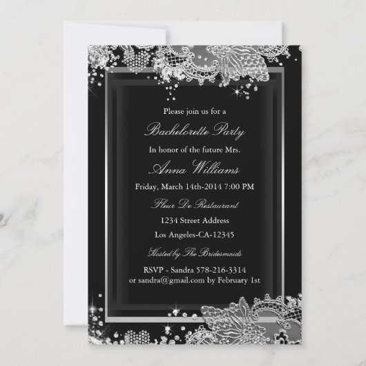 Diamond Bow Black Lace Bachelorette Party Invite Kaart (Achterkant)