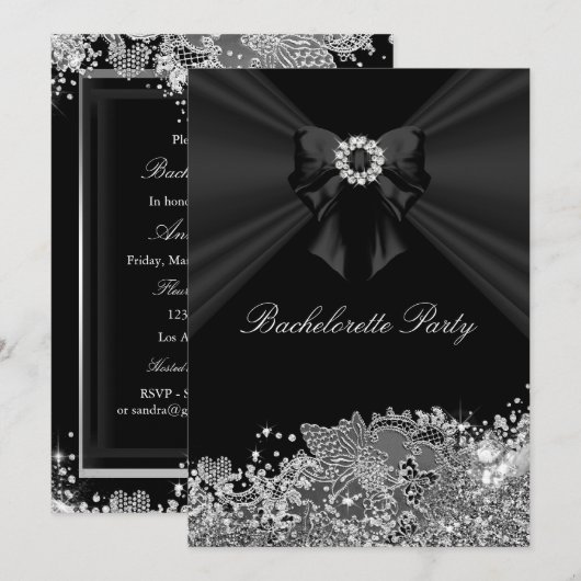 Diamond Bow Black Lace Bachelorette Party Invite Kaart (Voorkant / Achterkant)
