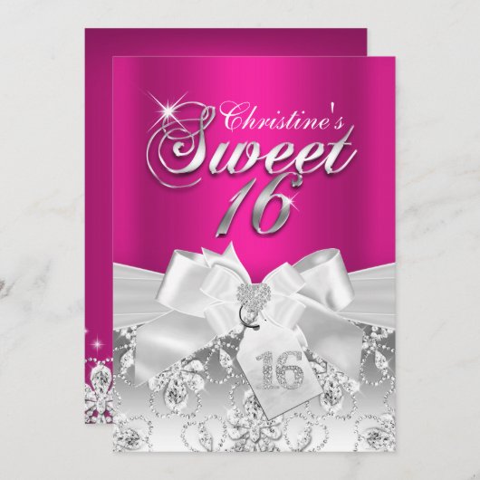 Diamond Bow Hot Pink Sweet 16 Invite Kaart (Voorkant / Achterkant)