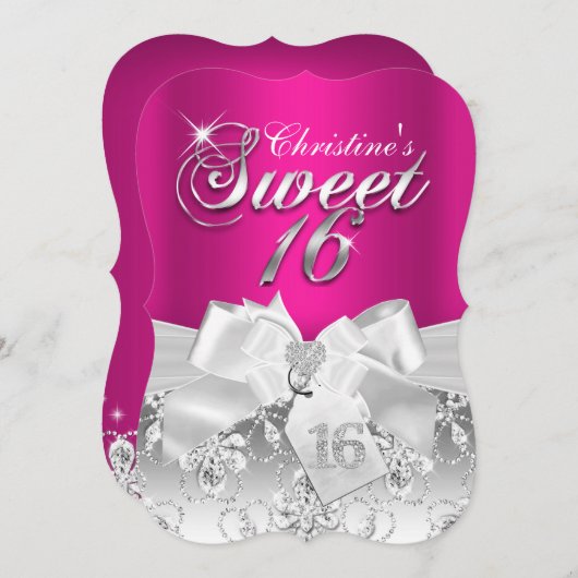  Diamond Bow Hot Pink Sweet 16 Uitnodiging (Voorkant / Achterkant)