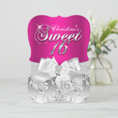  Diamond Bow Hot Pink Sweet 16 Uitnodiging (Staand voorkant)