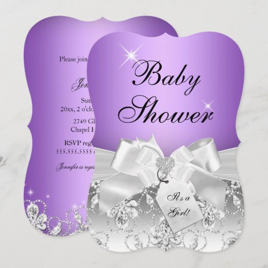  Diamond Bow Paars Baby shower Invite Kaart (Voorkant / Achterkant)