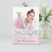 Diamond Bow Pink Foto eerste Heilige Communie Kaart (Staand voorkant)