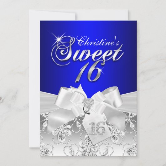  Diamond Bow Royal Blue Sweet 16 Invite Kaart (Voorkant)